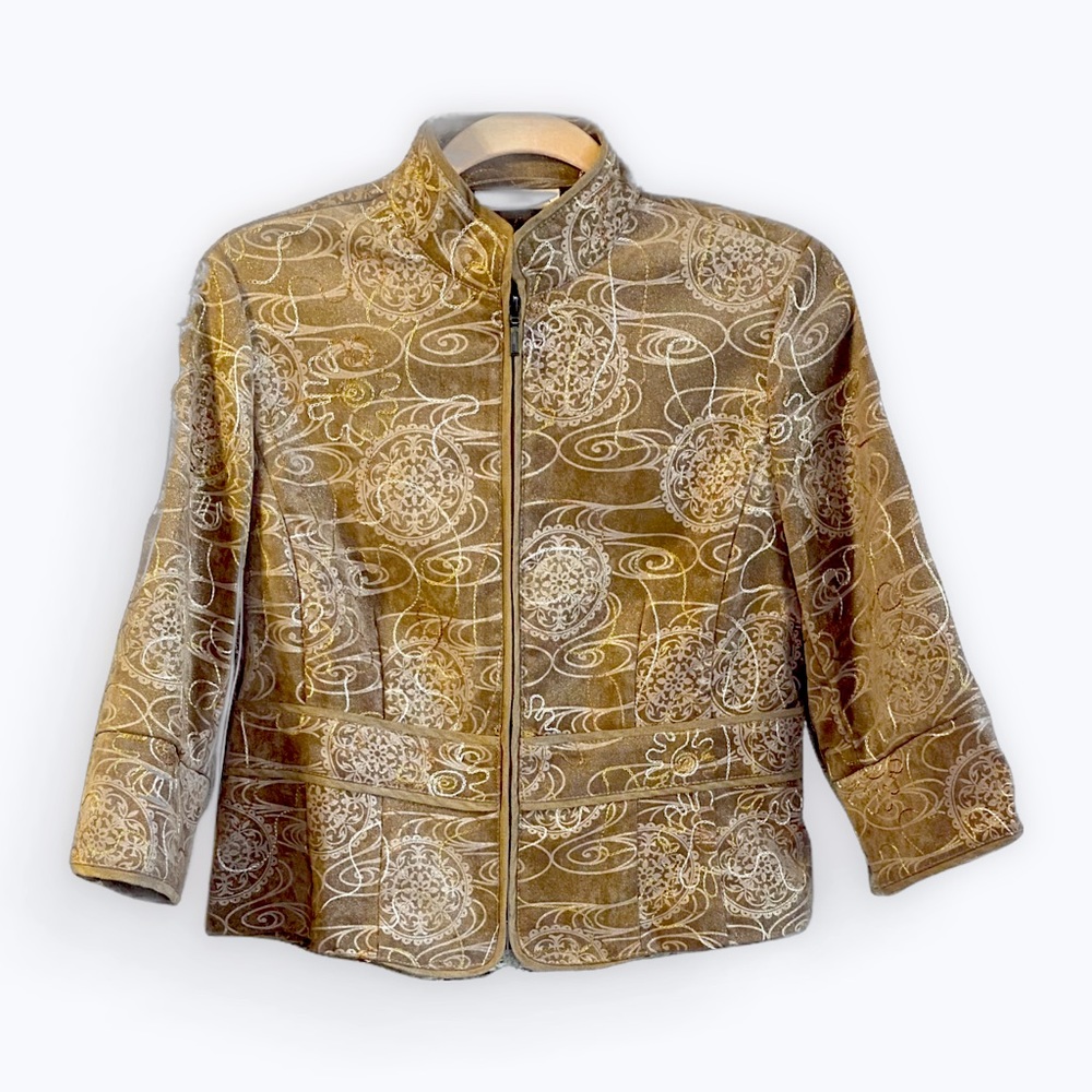 Coldwater Creek Embroidered Jacket Size Petite 10 - Light Brown/ Gold tone